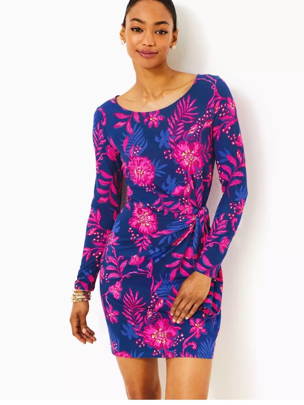 Lilly Pulitzer Bryson Long Sleeve Knot-Side Dress in Navy & Hot Pink